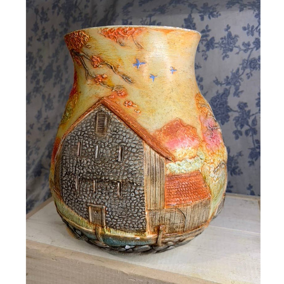 Beautifully Painted Orange Yellow Pink Vase with Cutouts - Picture 3 of 10